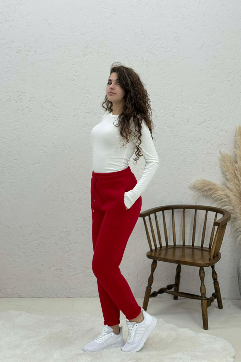 ONE COLOR FLUFFY SIMPLE WOMEN SWEATPANTS RED/E KUQE - 1