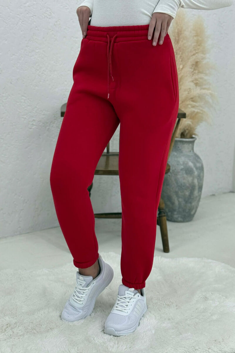 ONE COLOR FLUFFY SIMPLE WOMEN SWEATPANTS RED/E KUQE - 3