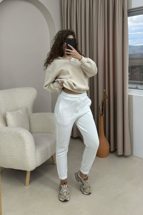 ONE COLOR FLUFFY SIMPLE WOMEN SWEATPANTS WHITE-E BARDHE - 2
