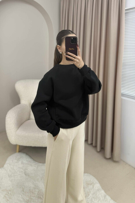 ONE COLOR FLUFFY SIMPLE WOMEN SWEATSHIRT BLACK/ E ZEZE - 2