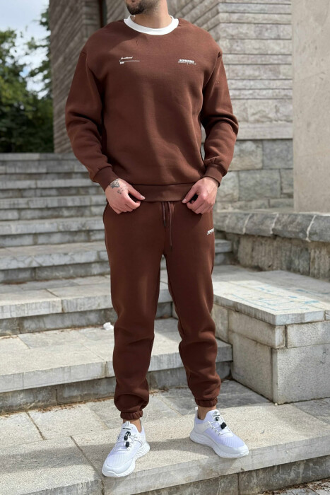 ONE COLOR FLUFFY SWEATSHIRT+JOGGERS MEN SET BROWN/KAFE - 1