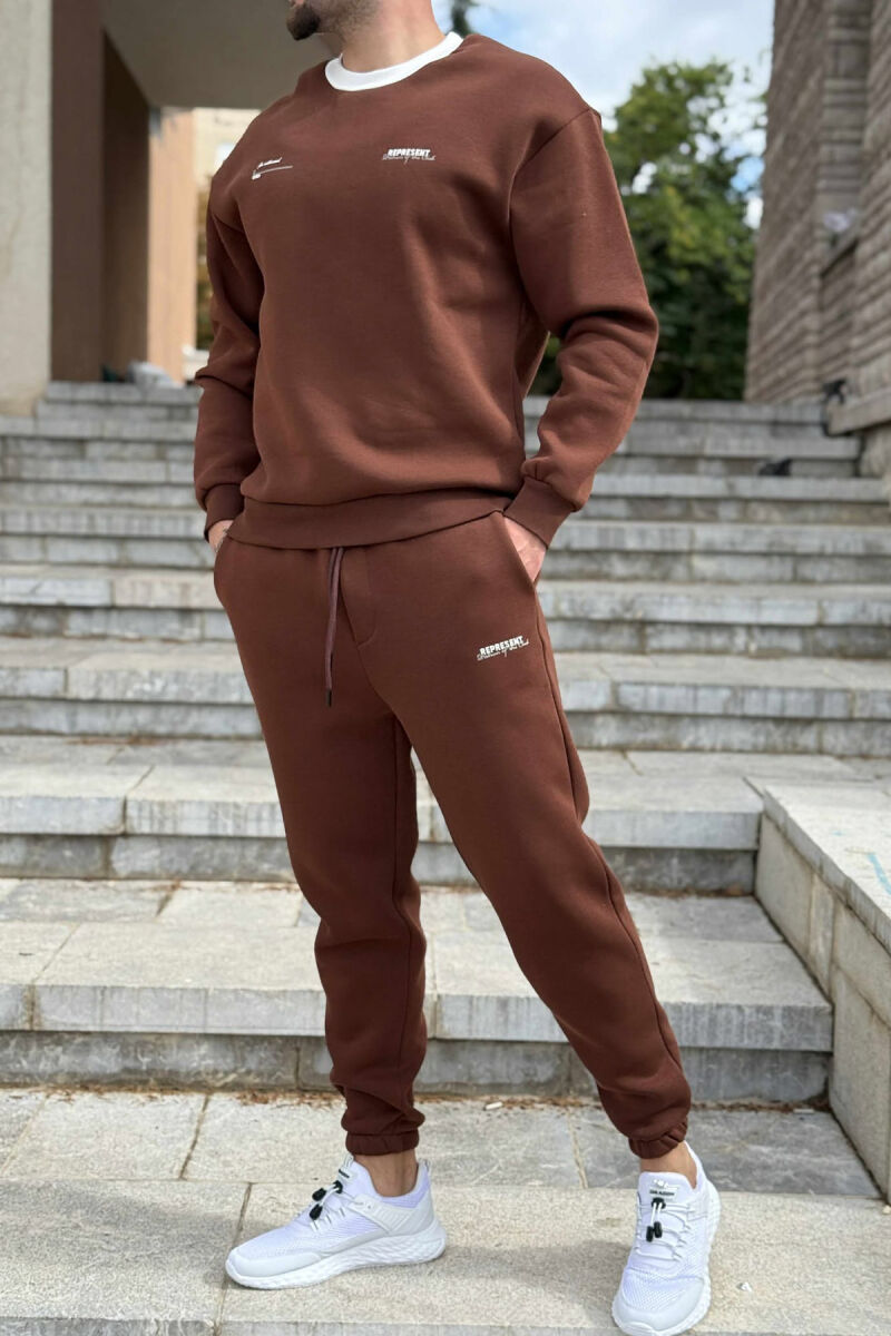 ONE COLOR FLUFFY SWEATSHIRT+JOGGERS MEN SET BROWN/KAFE - 5