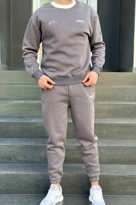 ONE COLOR FLUFFY SWEATSHIRT+JOGGERS MEN SET DARK GREY/GEE - KLAUDIO FASHION