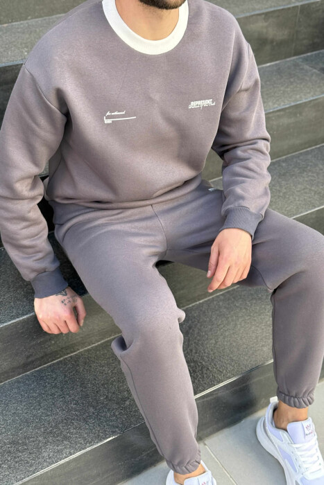 ONE COLOR FLUFFY SWEATSHIRT+JOGGERS MEN SET DARK GREY/GEE - 4