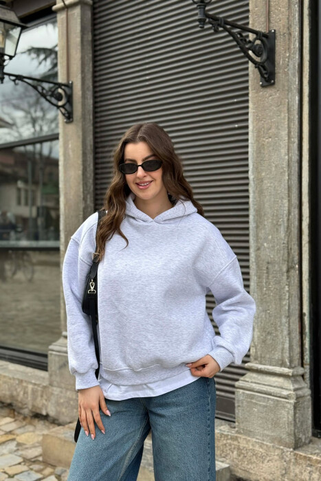 ONE COLOR FLUFFY WOMAN HOODIE LIGHT GREY/GZ - KLAUDIO FASHION