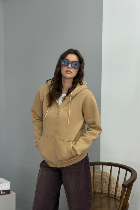 ONE COLOR FLUFFY WOMEN COTTON JACKET BEIGE/BEZHE - KLAUDIO FASHION