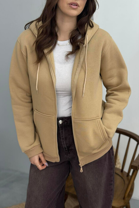 ONE COLOR FLUFFY WOMEN COTTON JACKET BEIGE/BEZHE - 3