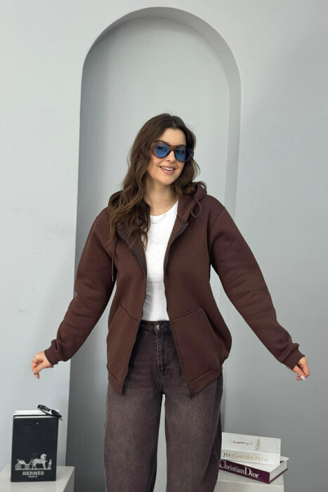 ONE COLOR FLUFFY WOMEN COTTON JACKET BROWN/KAFE - 1