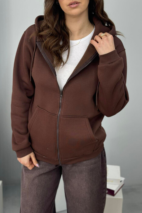 ONE COLOR FLUFFY WOMEN COTTON JACKET BROWN/KAFE - 2