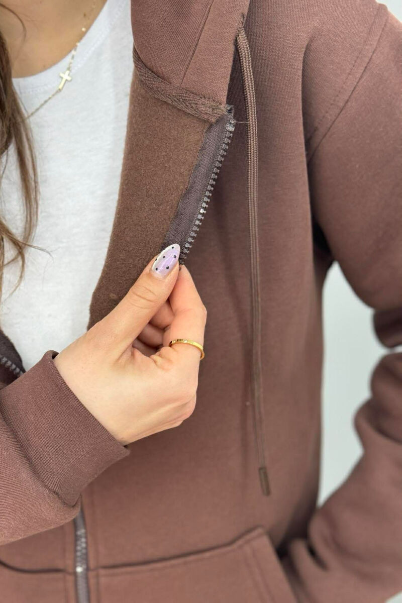 ONE COLOR FLUFFY WOMEN COTTON JACKET BROWN/KAFE - 3