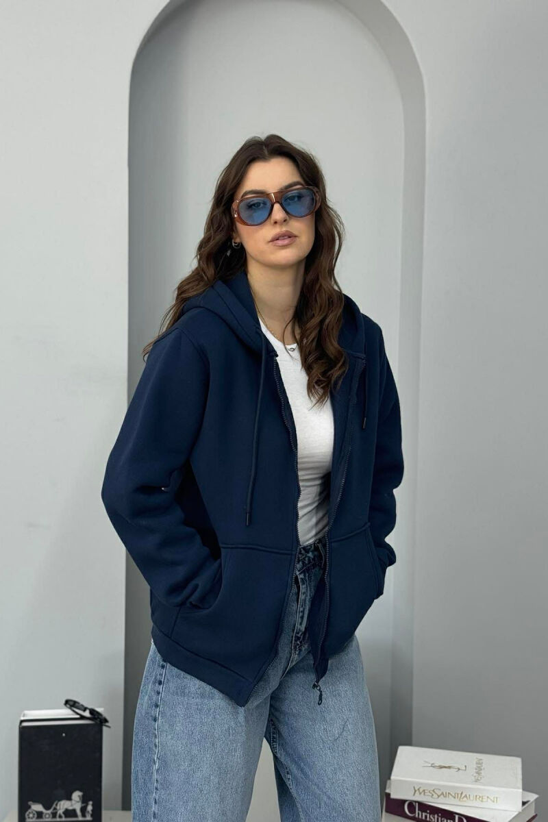 ONE COLOR FLUFFY WOMEN COTTON JACKET DARK BLUE/BEE - 1