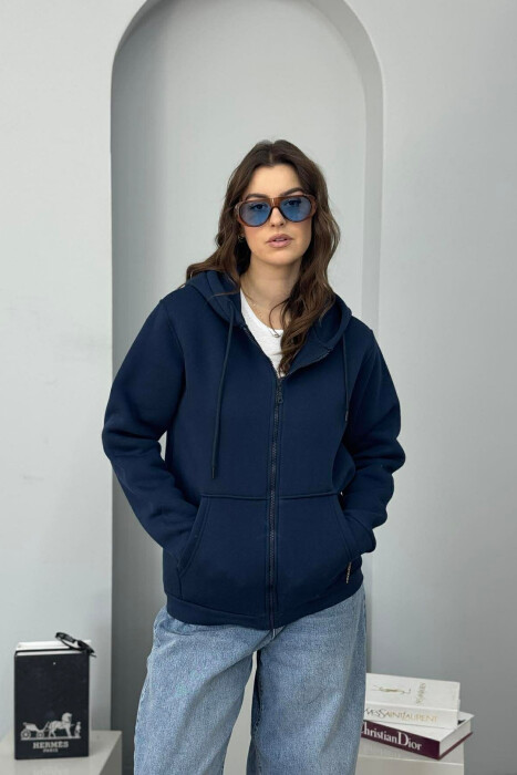 ONE COLOR FLUFFY WOMEN COTTON JACKET DARK BLUE/BEE - 3