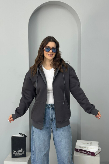 ONE COLOR FLUFFY WOMEN COTTON JACKET DARK GREY/GEE - KLAUDIO FASHION