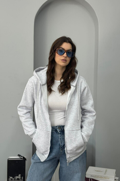 ONE COLOR FLUFFY WOMEN COTTON JACKET LIGHT GREY/GZ - 1