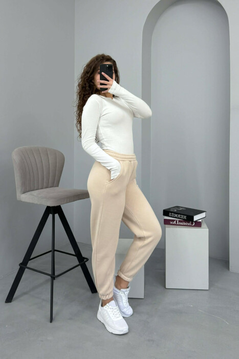 ONE COLOR FLUFFY WOMEN JOGGERS BEIGE/BEZHE - 2