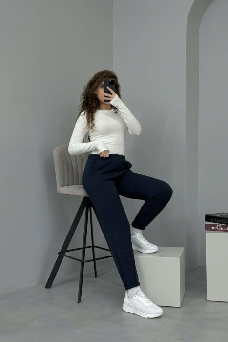 ONE COLOR FLUFFY WOMEN JOGGERS DARK BLUE/BEE - 4