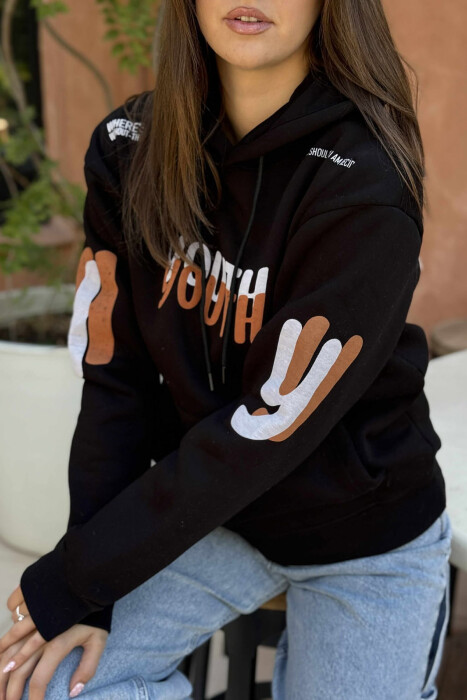 ONE COLOR FLUFFY WRITTINGS WOMEN HOODIE BLACK/ E ZEZE - 5