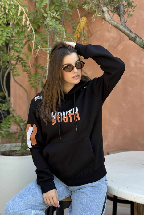 ONE COLOR FLUFFY WRITTINGS WOMEN HOODIE BLACK/ E ZEZE - 3