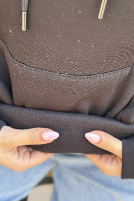 ONE COLOR FLUFFY WRITTINGS WOMEN HOODIE BLACK/ E ZEZE - 6