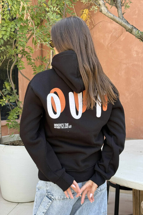 ONE COLOR FLUFFY WRITTINGS WOMEN HOODIE BLACK/ E ZEZE - 4