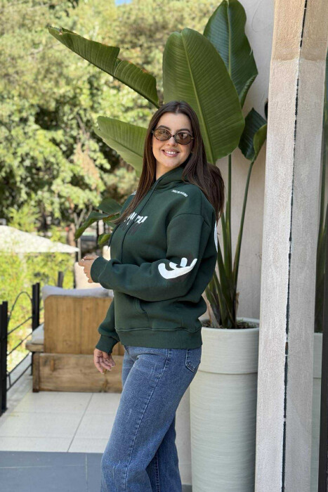 ONE COLOR FLUFFY WRITTINGS WOMEN HOODIE GREEN/JESHILE 