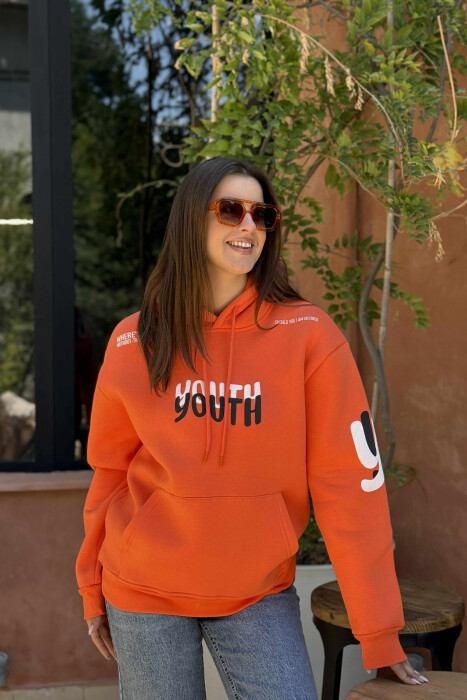 ONE COLOR FLUFFY WRITTINGS WOMEN HOODIE ORANGE/PORTOKALLI 