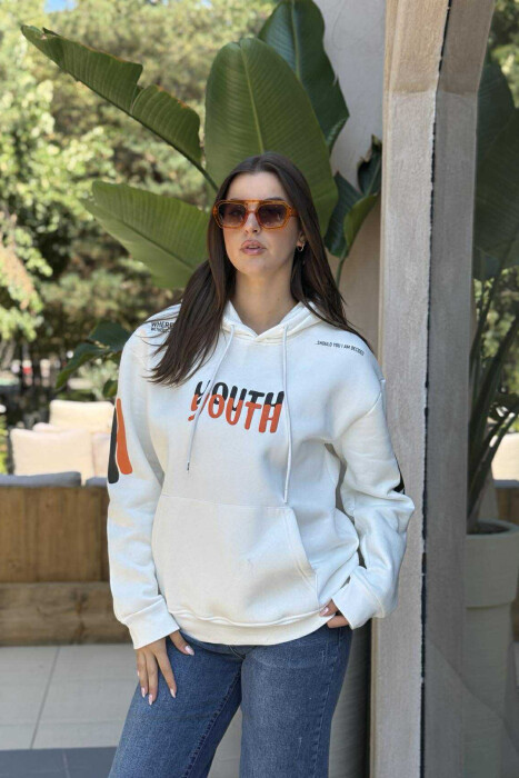 ONE COLOR FLUFFY WRITTINGS WOMEN HOODIE WHITE-E BARDHE - 1