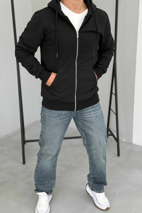 ONE COLOR FLUFFY ZIPPER HOOD MEN JACKET BLACK/ E ZEZE 