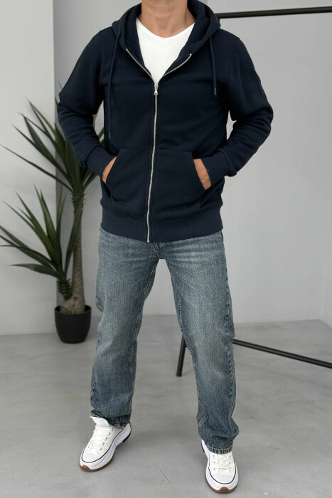 ONE COLOR FLUFFY ZIPPER HOOD MEN JACKET DARK BLUE/BEE - KLAUDIO FASHION