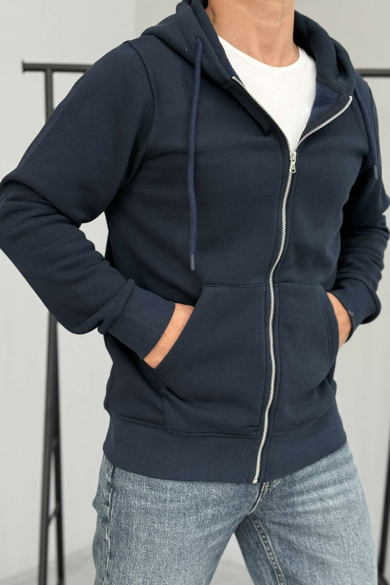 ONE COLOR FLUFFY ZIPPER HOOD MEN JACKET DARK BLUE/BEE - 2