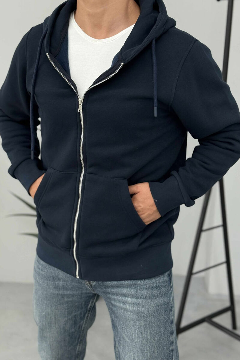 ONE COLOR FLUFFY ZIPPER HOOD MEN JACKET DARK BLUE/BEE - 5