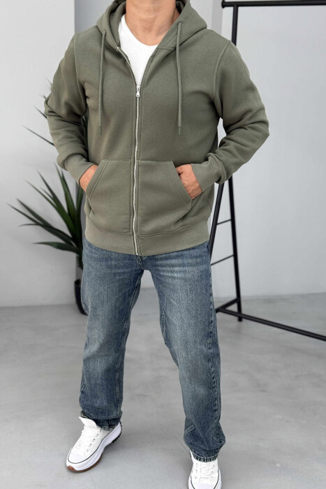ONE COLOR FLUFFY ZIPPER HOOD MEN JACKET GREEN/JESHILE 