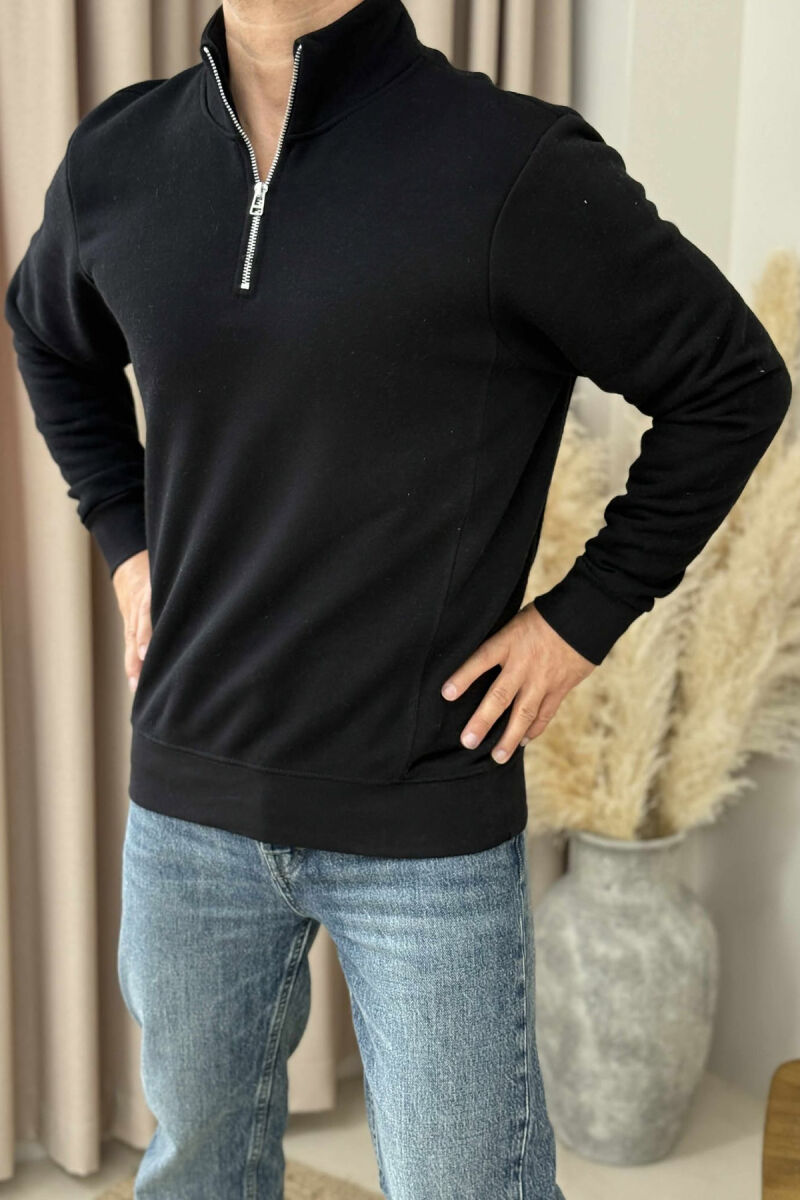 ONE COLOR FLUFFY ZIPPER NECK MEN SWEATSHIRT BLACK/ E ZEZE - 1