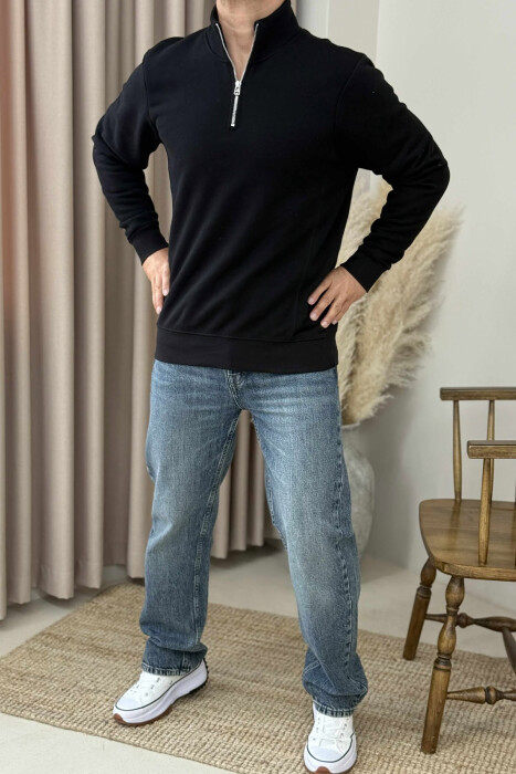 ONE COLOR FLUFFY ZIPPER NECK MEN SWEATSHIRT BLACK/ E ZEZE - 2