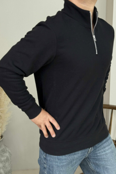 ONE COLOR FLUFFY ZIPPER NECK MEN SWEATSHIRT BLACK/ E ZEZE - 3