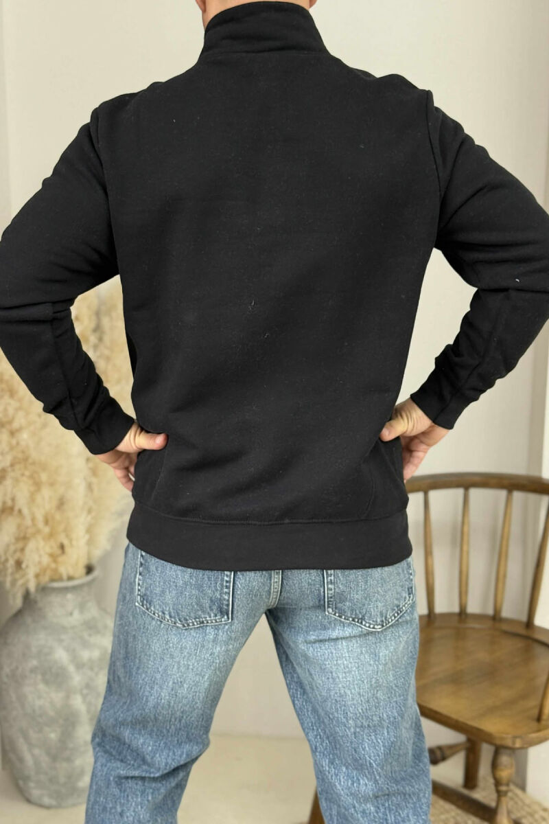 ONE COLOR FLUFFY ZIPPER NECK MEN SWEATSHIRT BLACK/ E ZEZE - 4