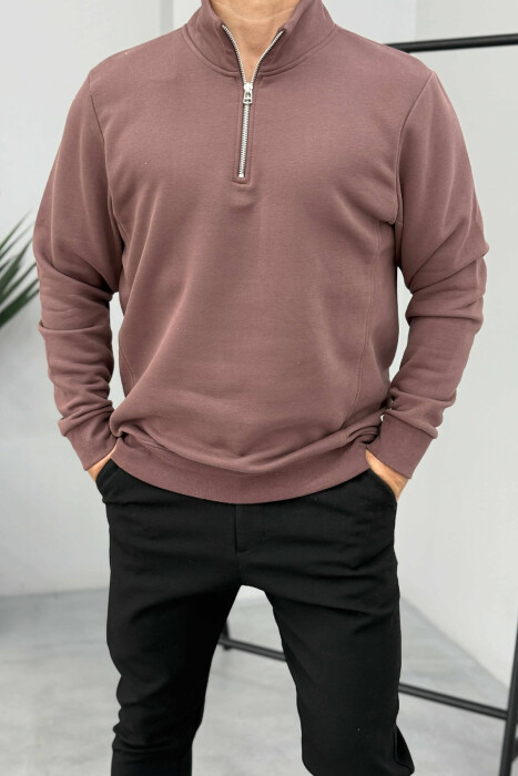 ONE COLOR FLUFFY ZIPPER NECK MEN SWEATSHIRT BROWN/KAFE 