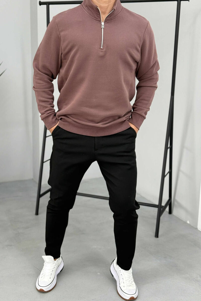 ONE COLOR FLUFFY ZIPPER NECK MEN SWEATSHIRT BROWN/KAFE - 5