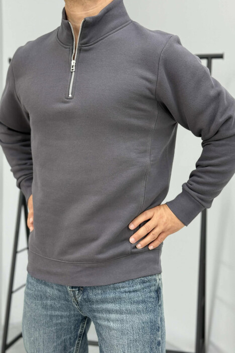 ONE COLOR FLUFFY ZIPPER NECK MEN SWEATSHIRT DARK GREY/GEE 