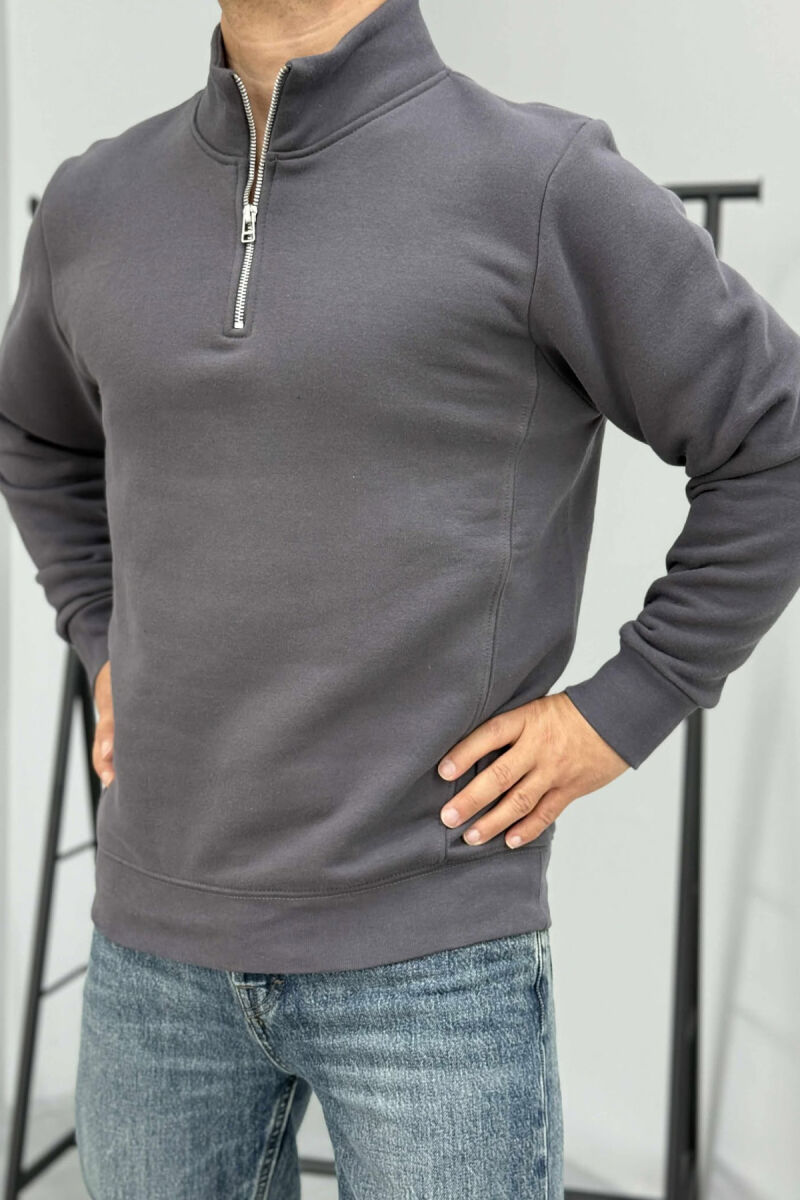 ONE COLOR FLUFFY ZIPPER NECK MEN SWEATSHIRT DARK GREY/GEE - 1