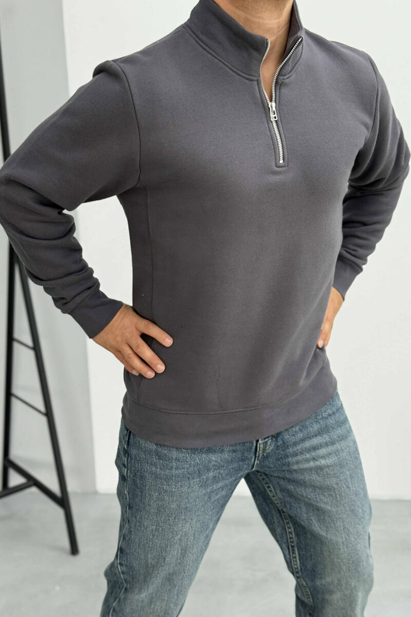 ONE COLOR FLUFFY ZIPPER NECK MEN SWEATSHIRT DARK GREY/GEE - 4