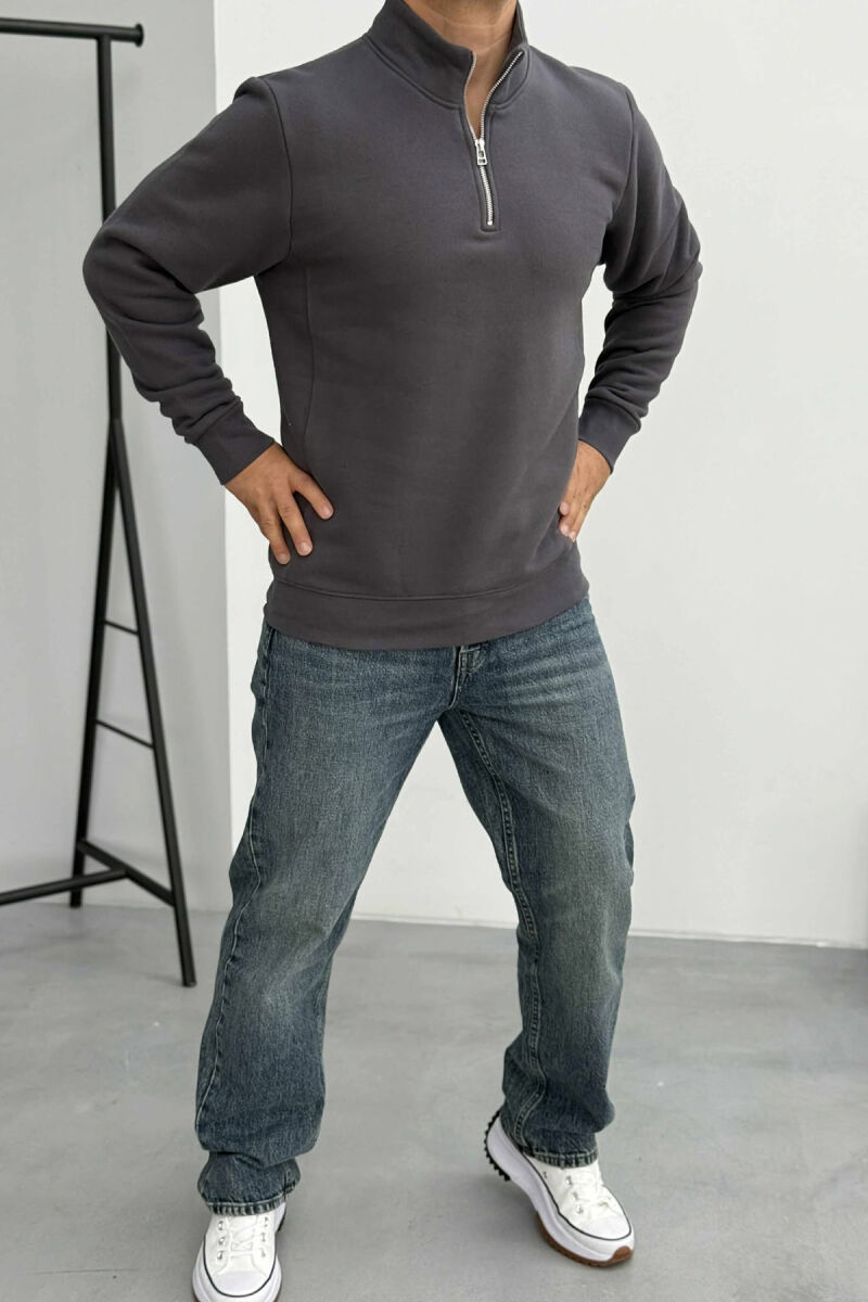 ONE COLOR FLUFFY ZIPPER NECK MEN SWEATSHIRT DARK GREY/GEE - 5