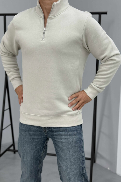 ONE COLOR FLUFFY ZIPPER NECK MEN SWEATSHIRT LIGHT GREY/GZ - KLAUDIO FASHION