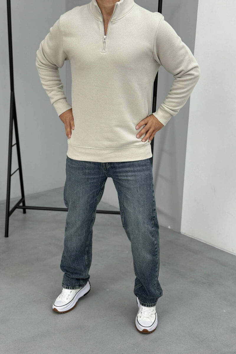 ONE COLOR FLUFFY ZIPPER NECK MEN SWEATSHIRT LIGHT GREY/GZ - 2