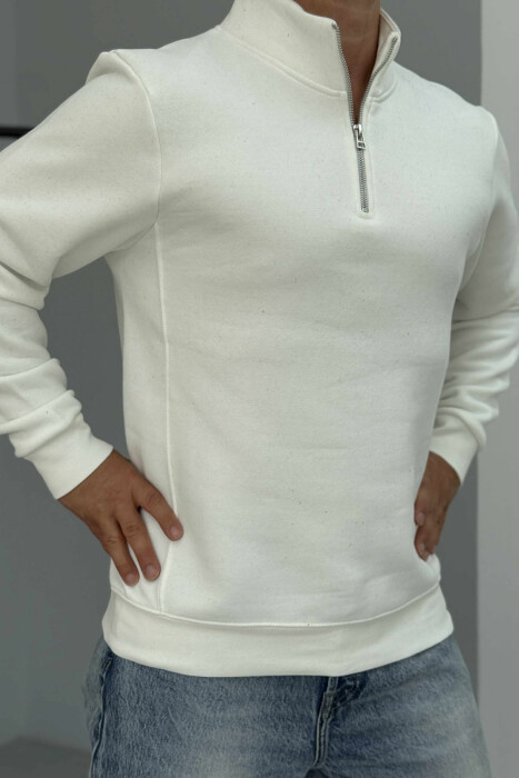 ONE COLOR FLUFFY ZIPPER NECK MEN SWEATSHIRT WHITE-E BARDHE - 4