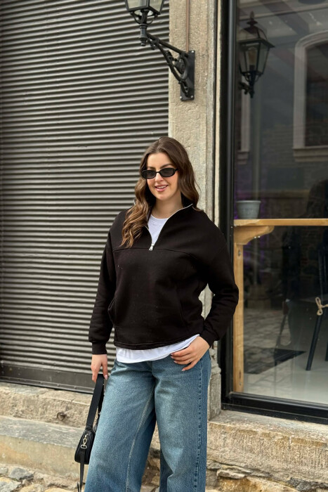 ONE COLOR FLUFFY ZIPPER NECK WOMEN SWEATSHIRT BLACK/ E ZEZE 