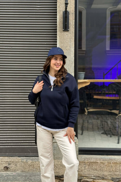 ONE COLOR FLUFFY ZIPPER NECK WOMEN SWEATSHIRT DARK BLUE/BEE 