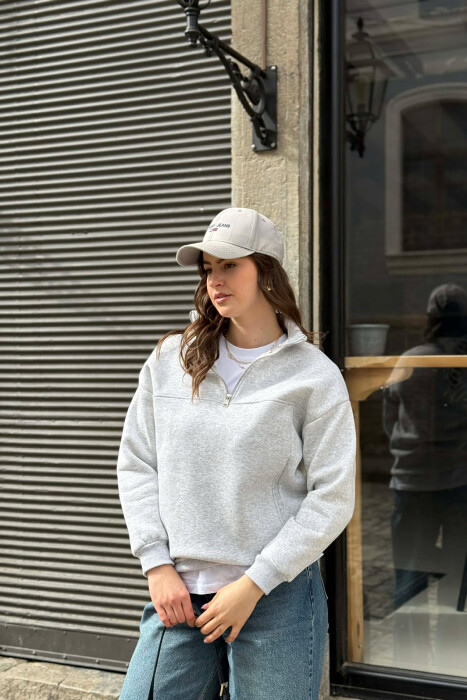 ONE COLOR FLUFFY ZIPPER NECK WOMEN SWEATSHIRT LIGHT GREY/GZ 