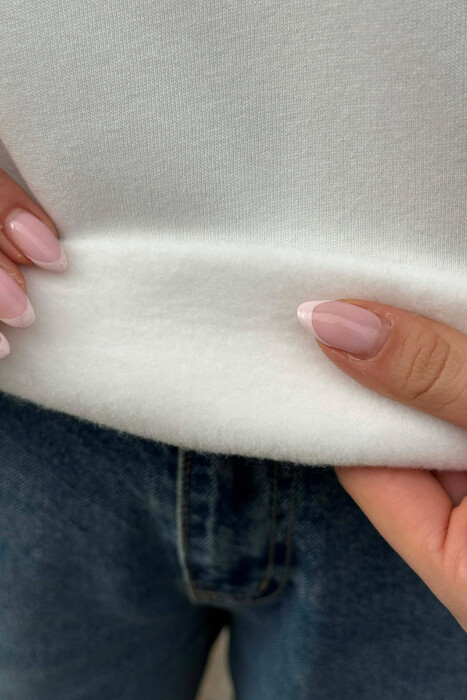 ONE COLOR FLUFFY ZIPPER NECK WOMEN SWEATSHIRT WHITE-E BARDHE - 3