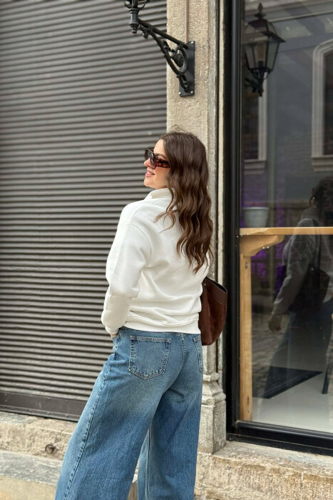 ONE COLOR FLUFFY ZIPPER NECK WOMEN SWEATSHIRT WHITE-E BARDHE - 5